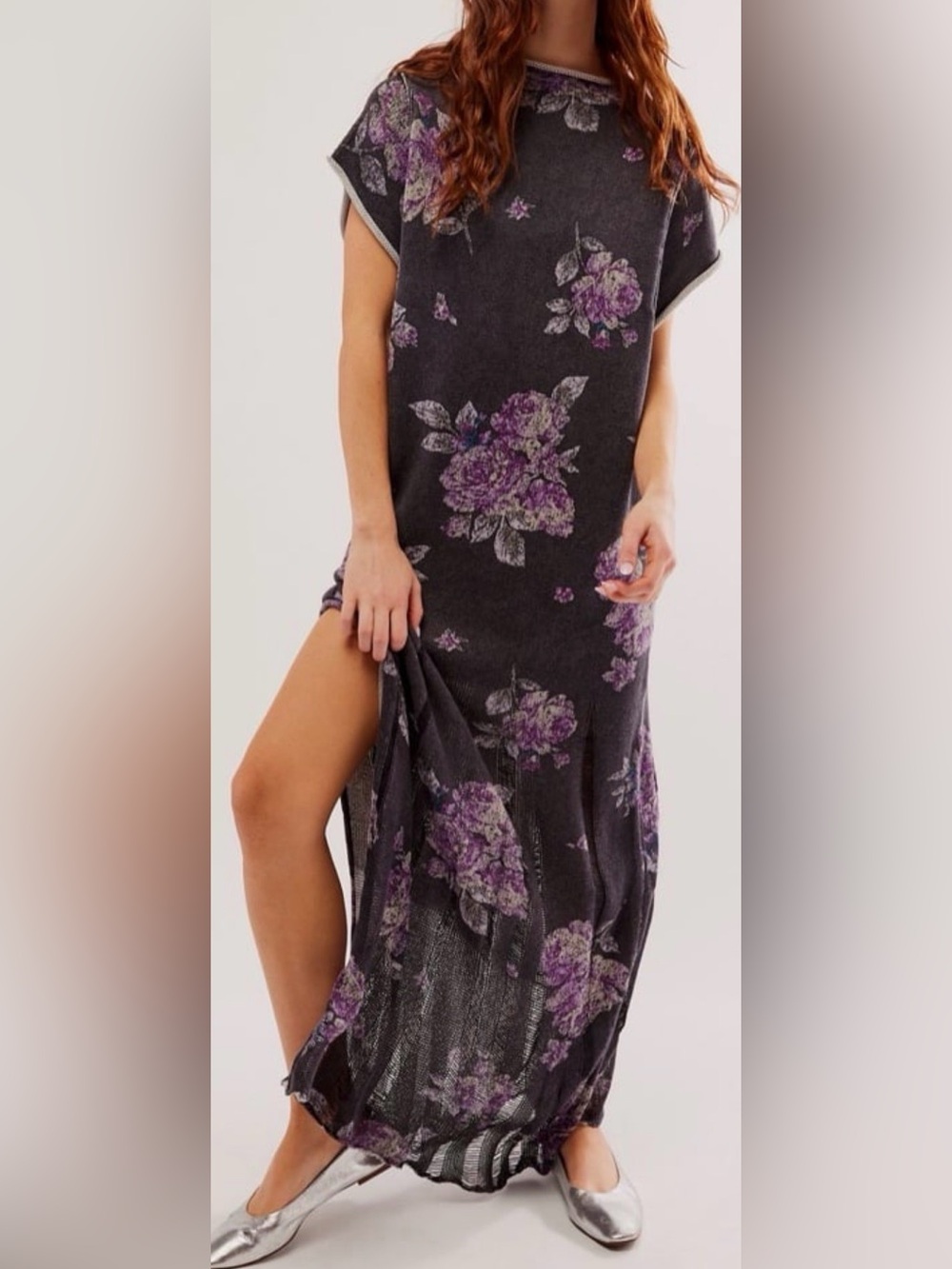 Free People Charcoal Maxi Dress with Purple Floral Print - Picture 1 of 6